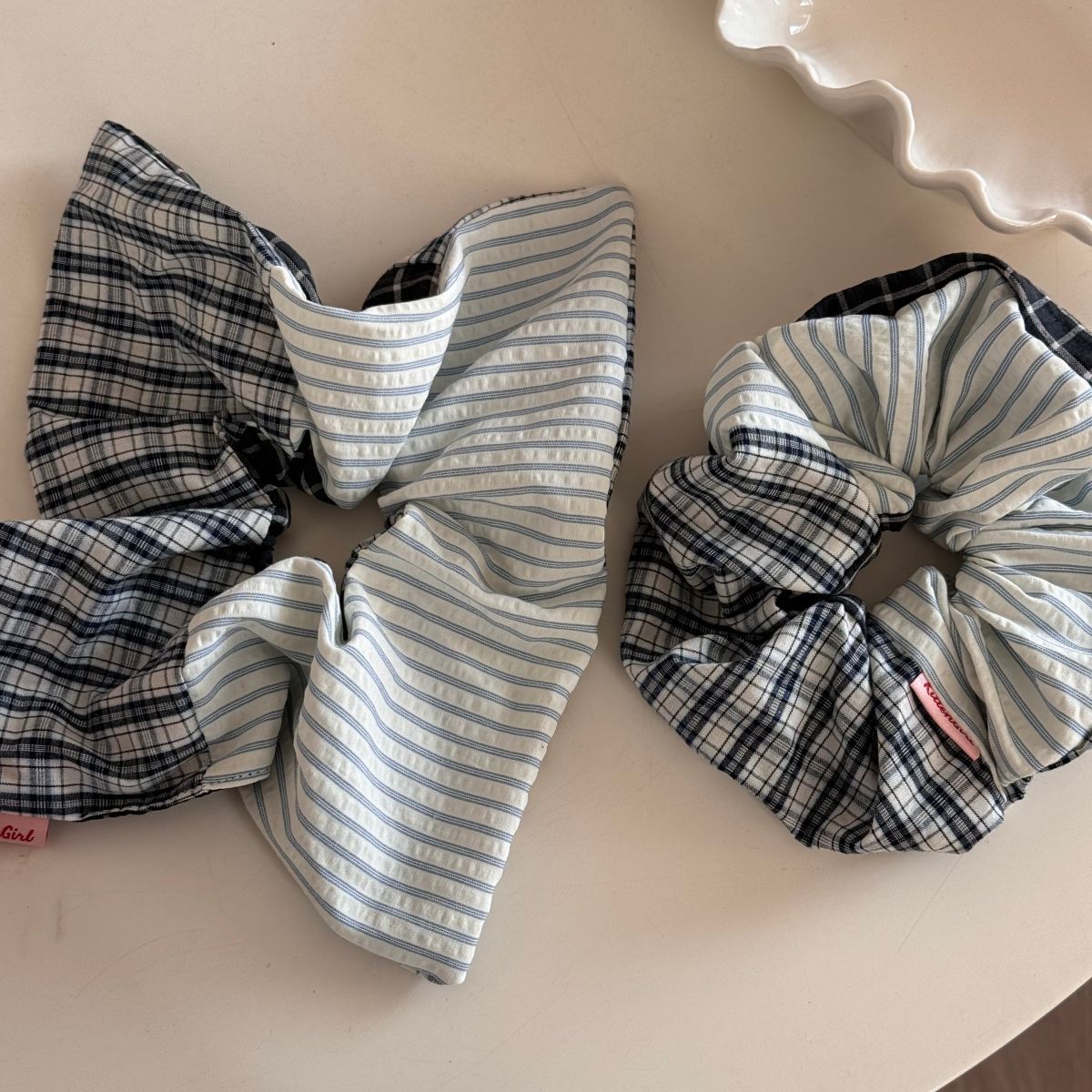 Two-Tone Stripe Plaid Handcrafted Scrunchie