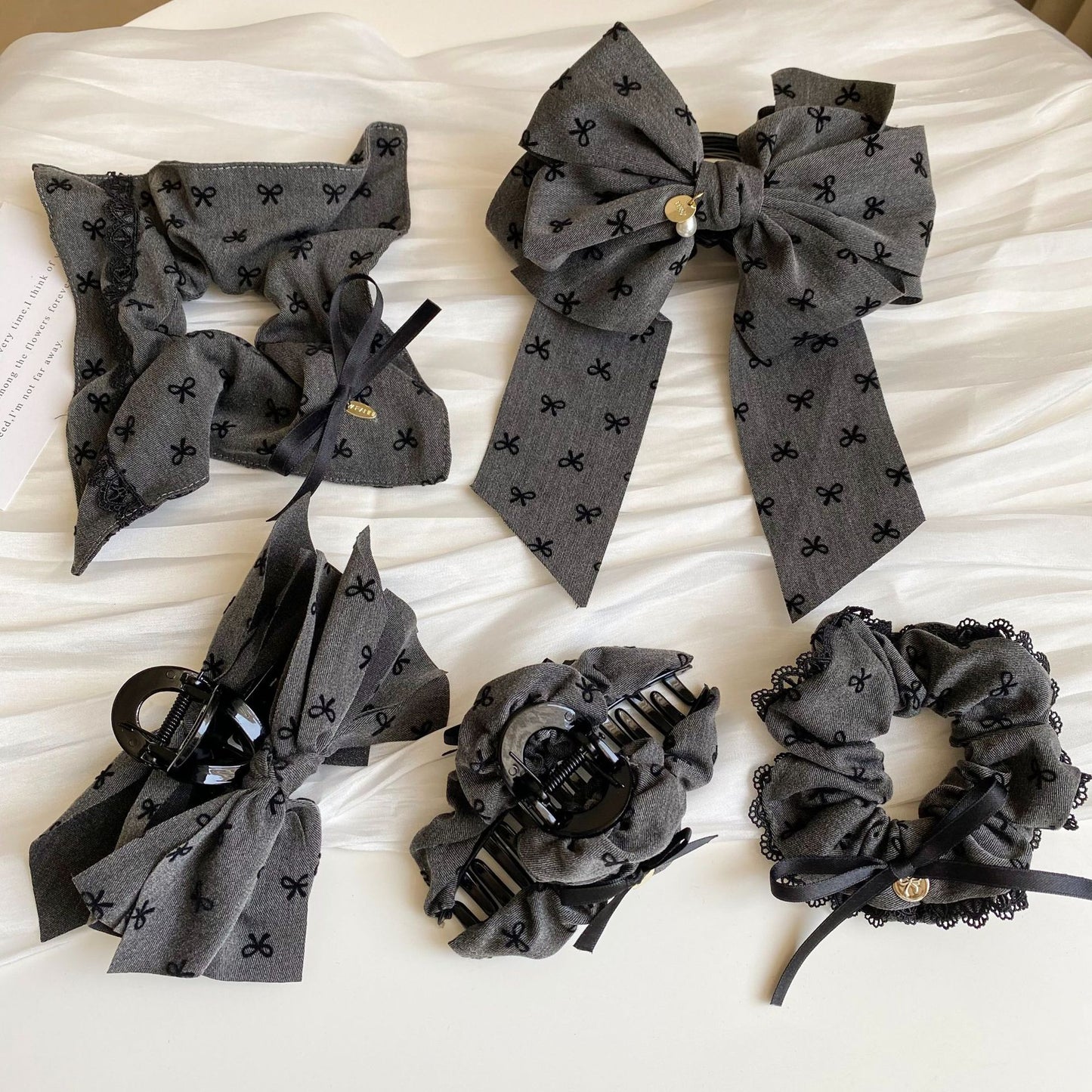 Gray Bow Fabric Hair Scrunchie