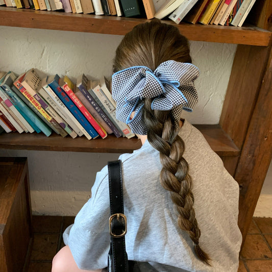 Korean Blue-Trim Plaid Scrunchie