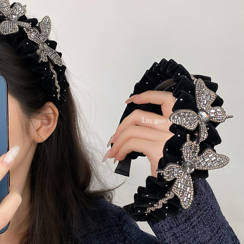 Black Pleated Bow High-Top Headband