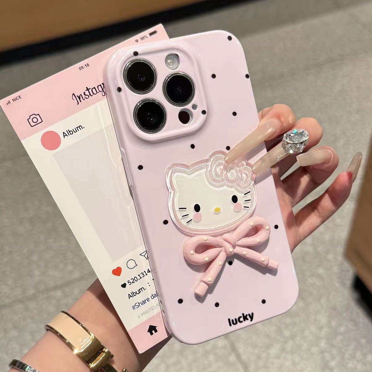 3D Hello Kitty Polka Dot Bow Mirror Stand iPhone Case