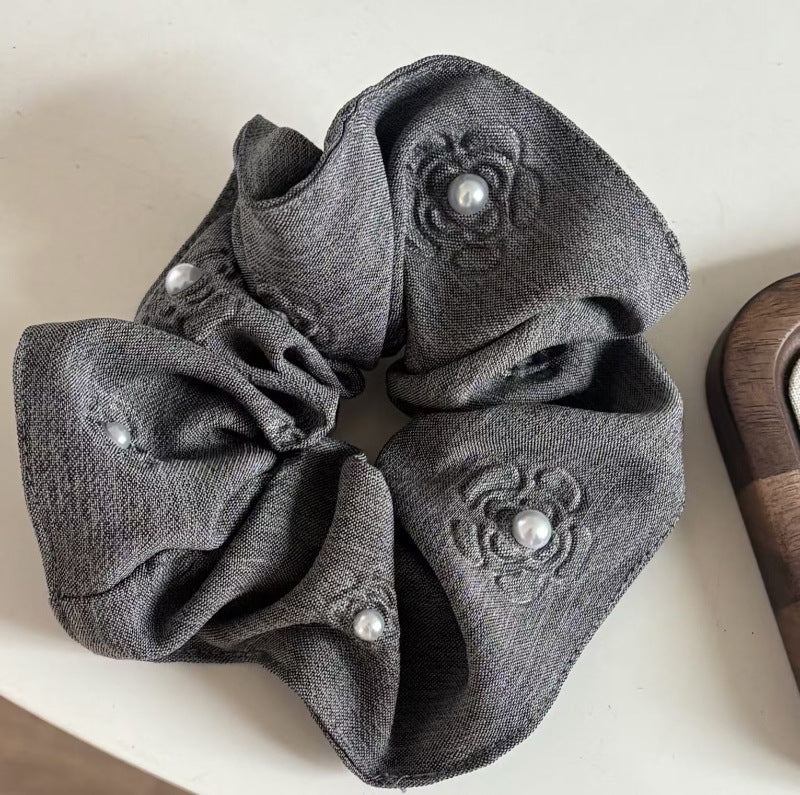 Embossed Floral Pearl Hair Scrunchie