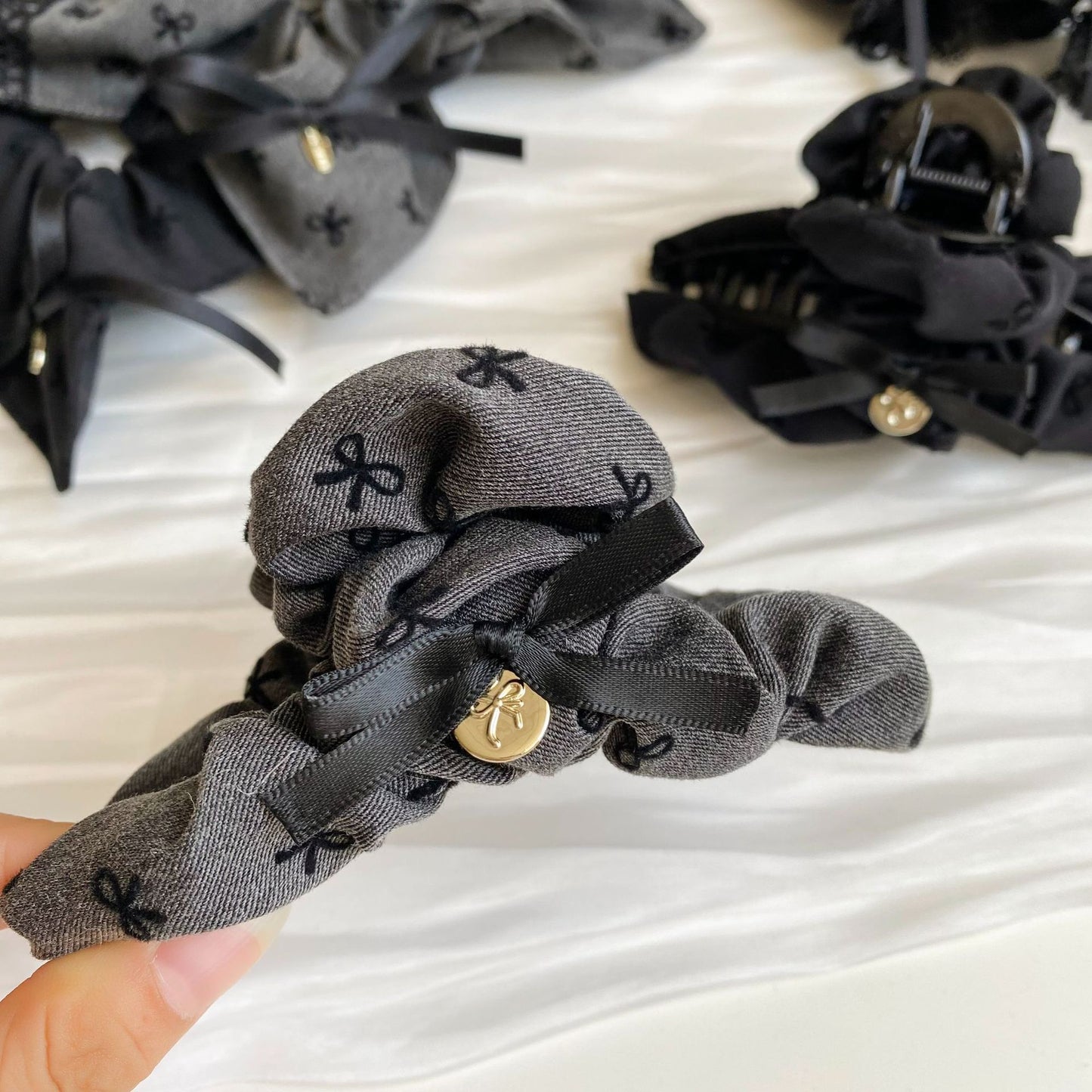 Gray Bow Fabric Hair Scrunchie