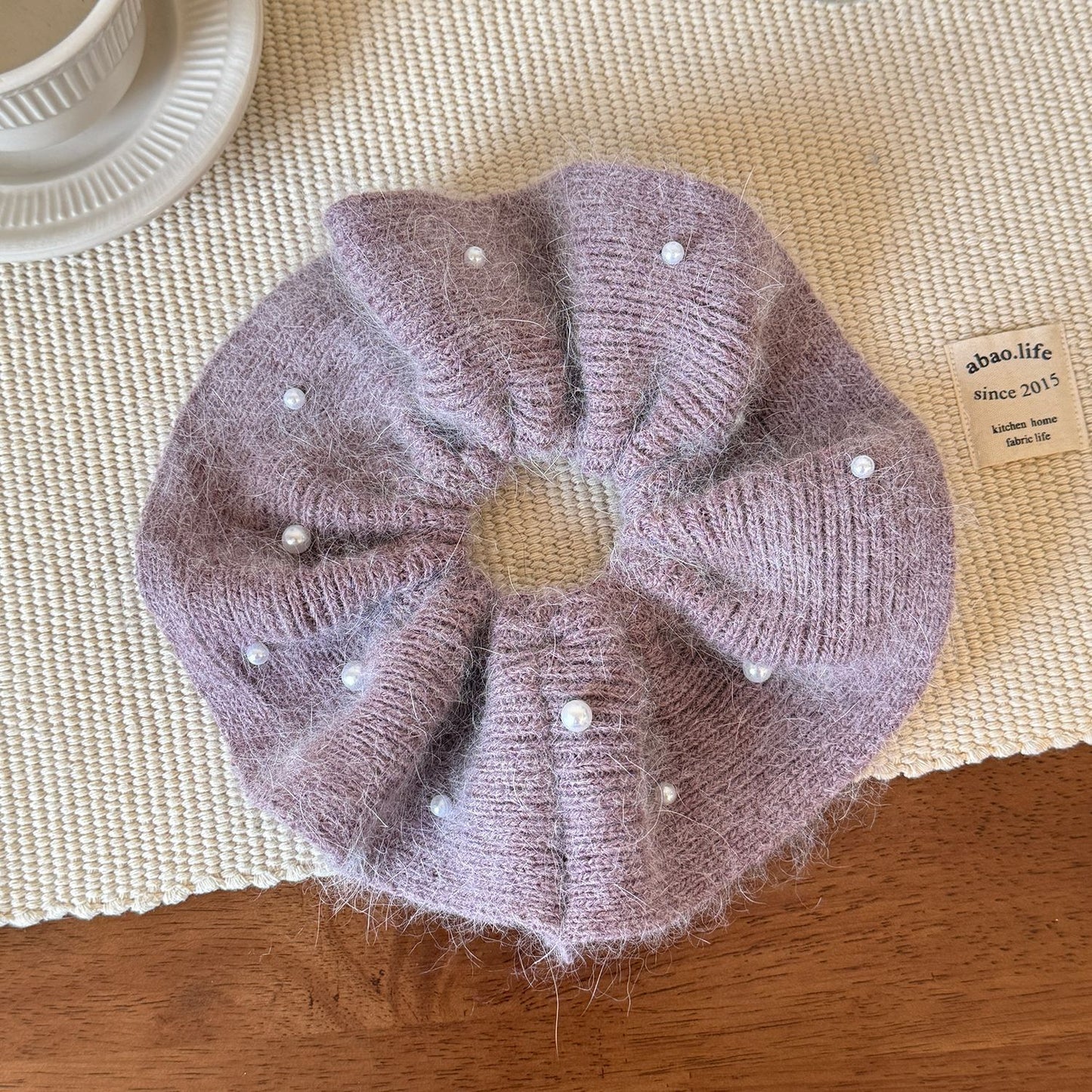 Grey Knit Pearl Scrunchie