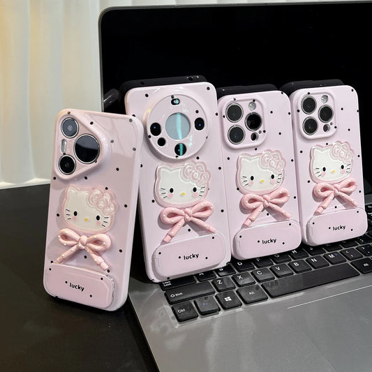 3D Hello Kitty Polka Dot Bow Mirror Stand iPhone Case