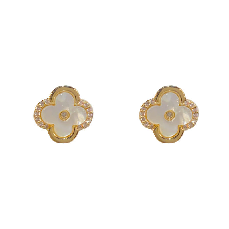 Spring Clover — Zircon & Mother-of-Pearl Flower Stud Earrings