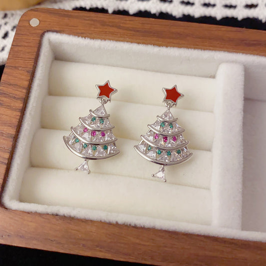 Festive Glow — Unique Sparkling Tree Drop Earrings