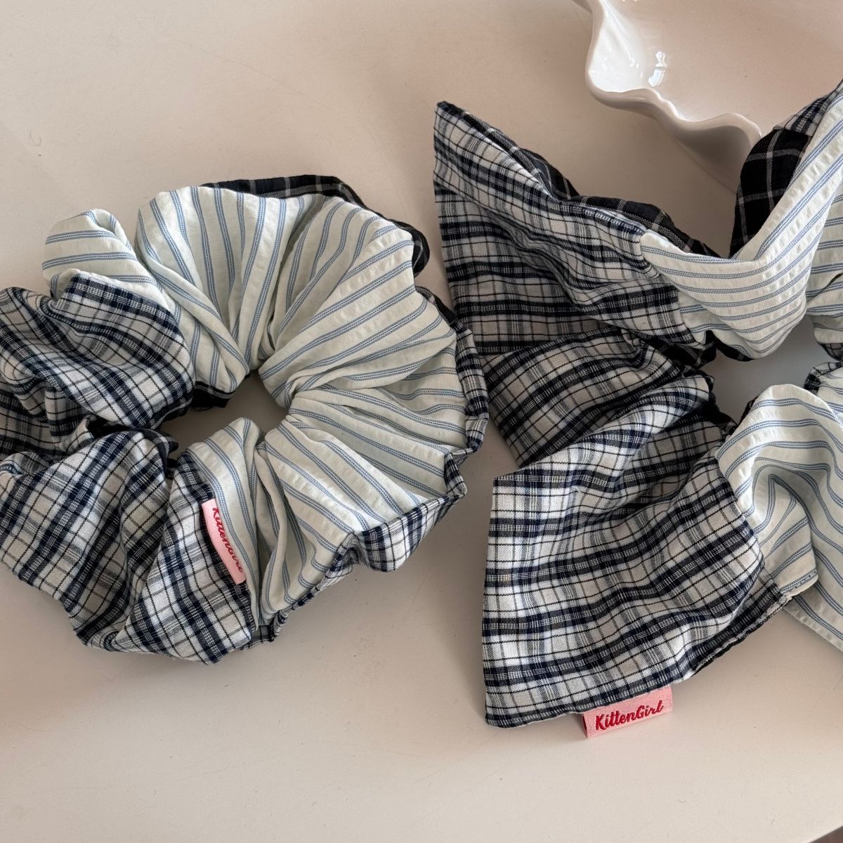Two-Tone Stripe Plaid Handcrafted Scrunchie