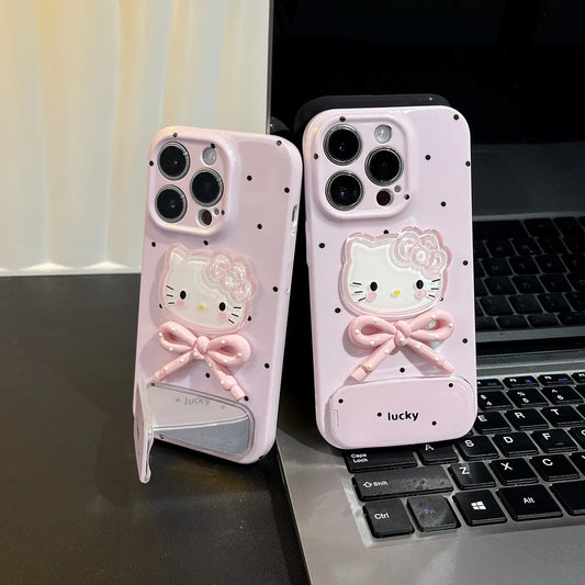 3D Hello Kitty Polka Dot Bow Mirror Stand iPhone Case