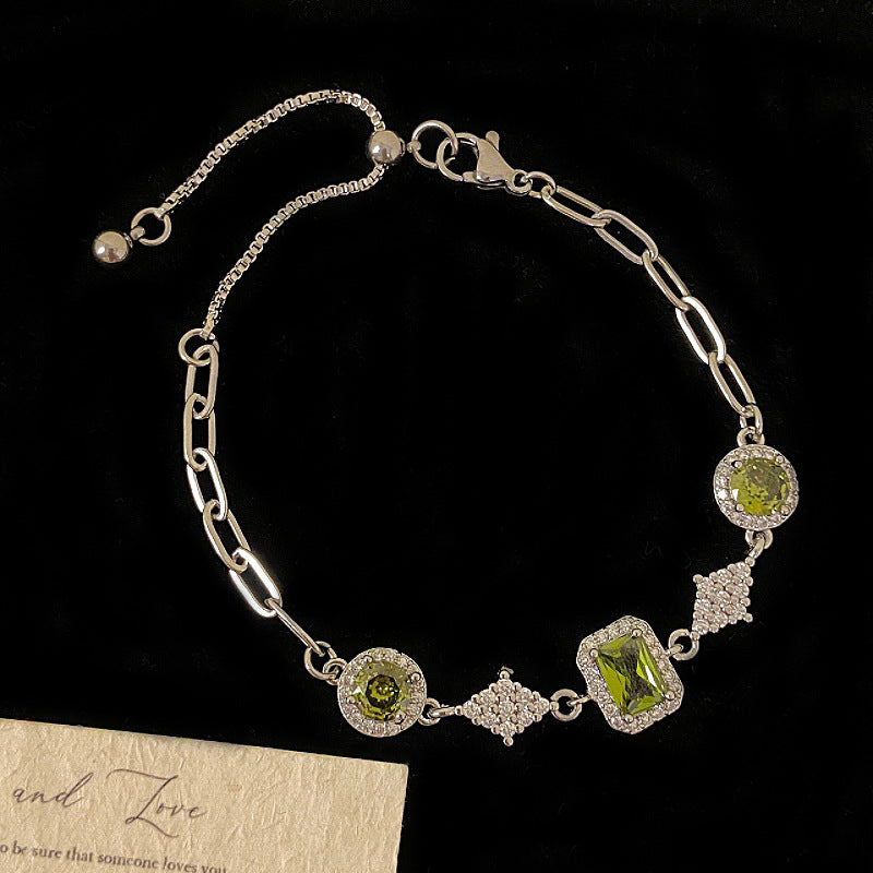 Emerald Gleam – Micro-Pavé Square & Round Zircon Bracelet