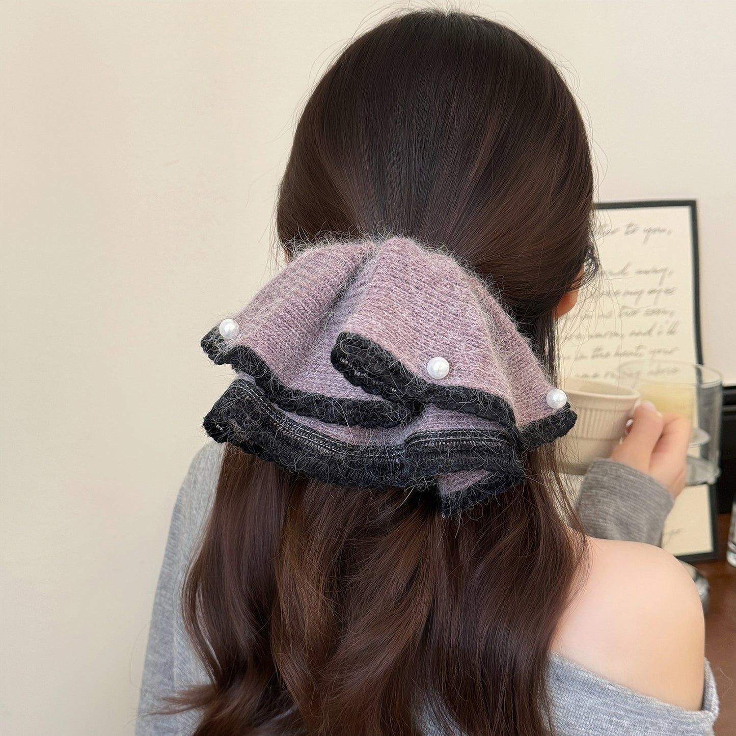 Grey Knit Pearl Scrunchie