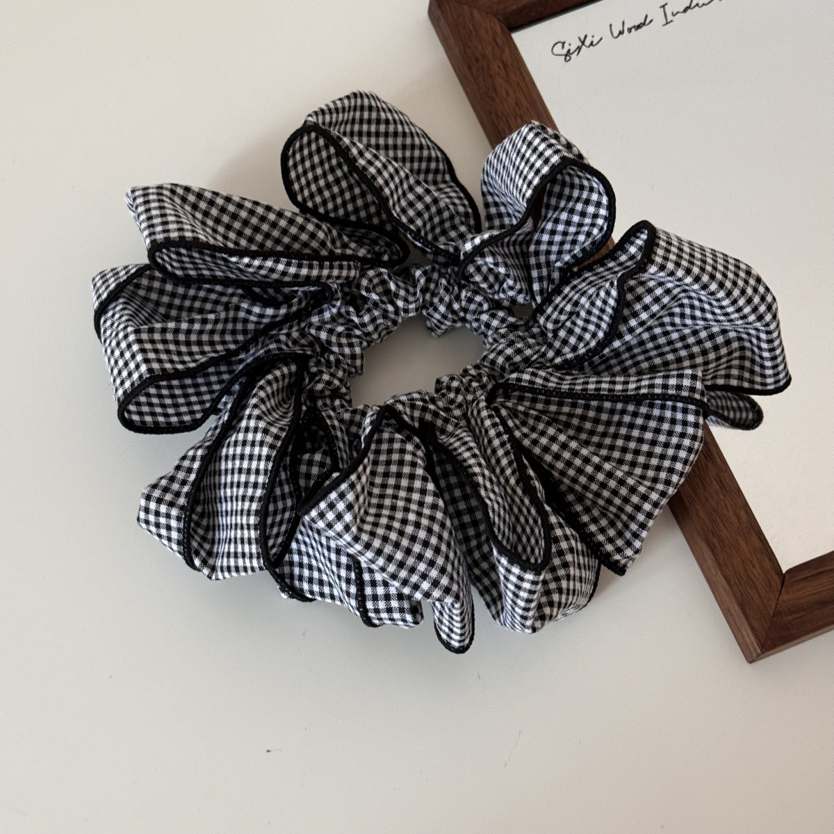 Korean Blue-Trim Plaid Scrunchie
