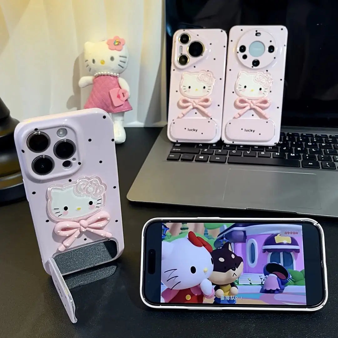 3D Hello Kitty Polka Dot Bow Mirror Stand iPhone Case