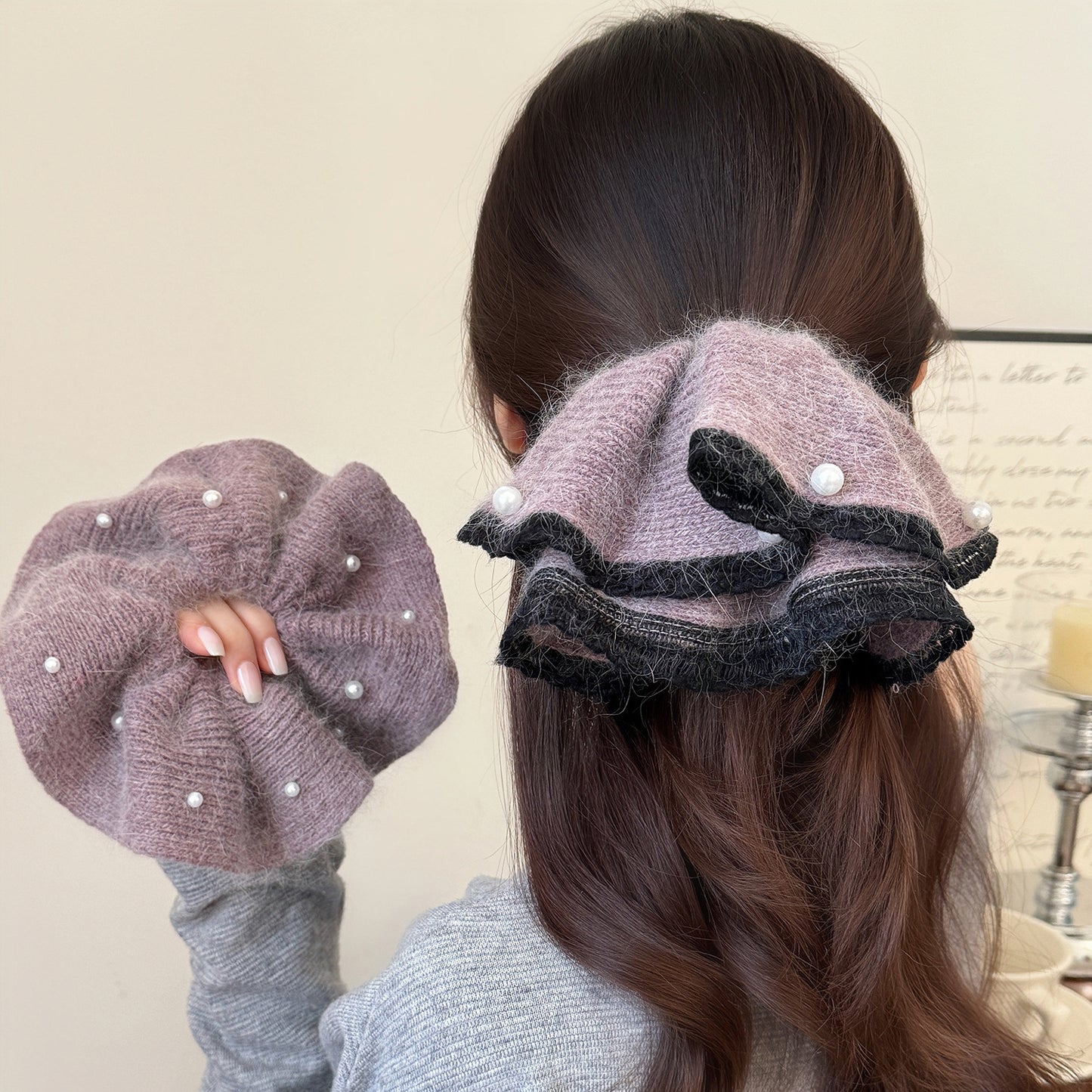 Grey Knit Pearl Scrunchie