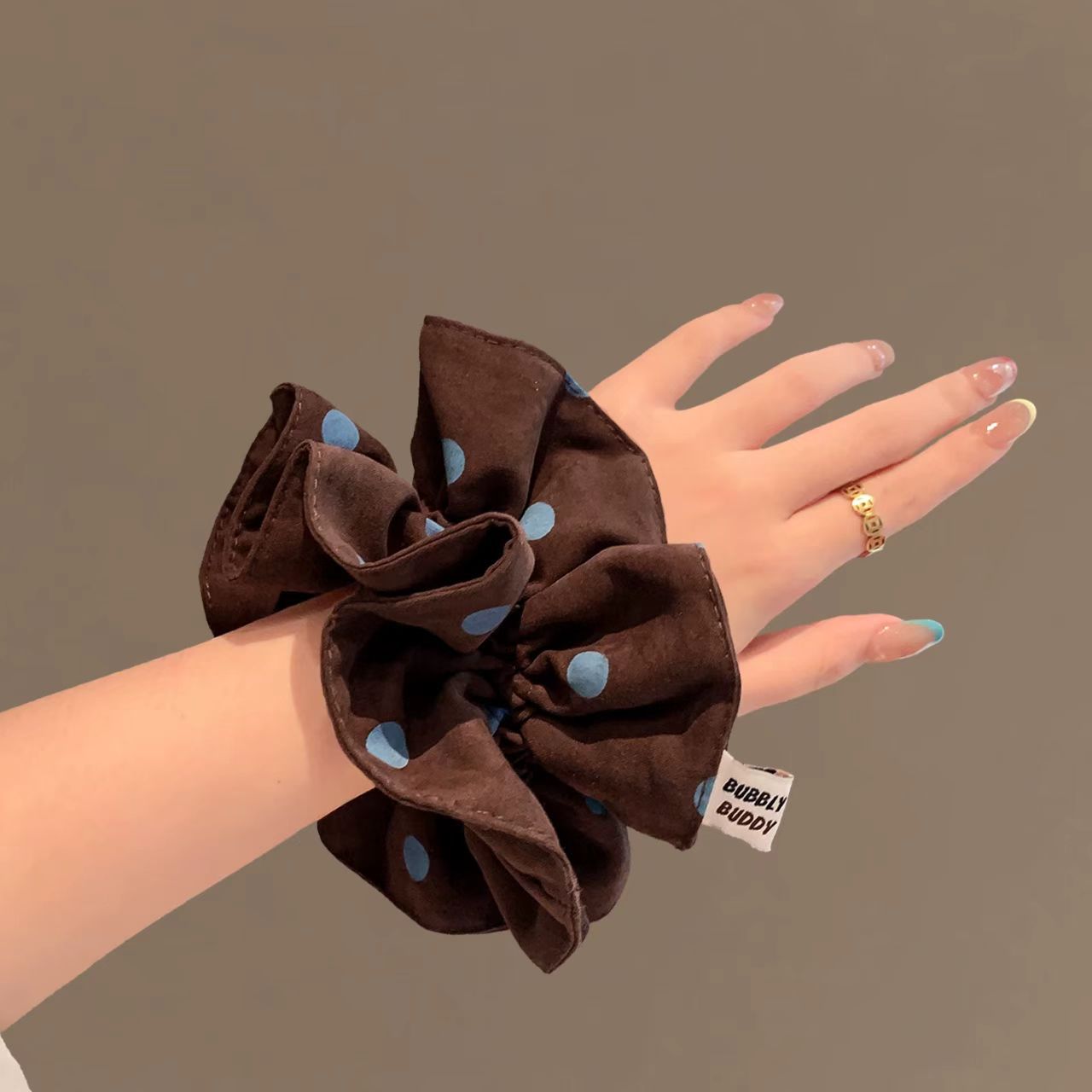Korean Brown Polka Dot Hair Scrunchie