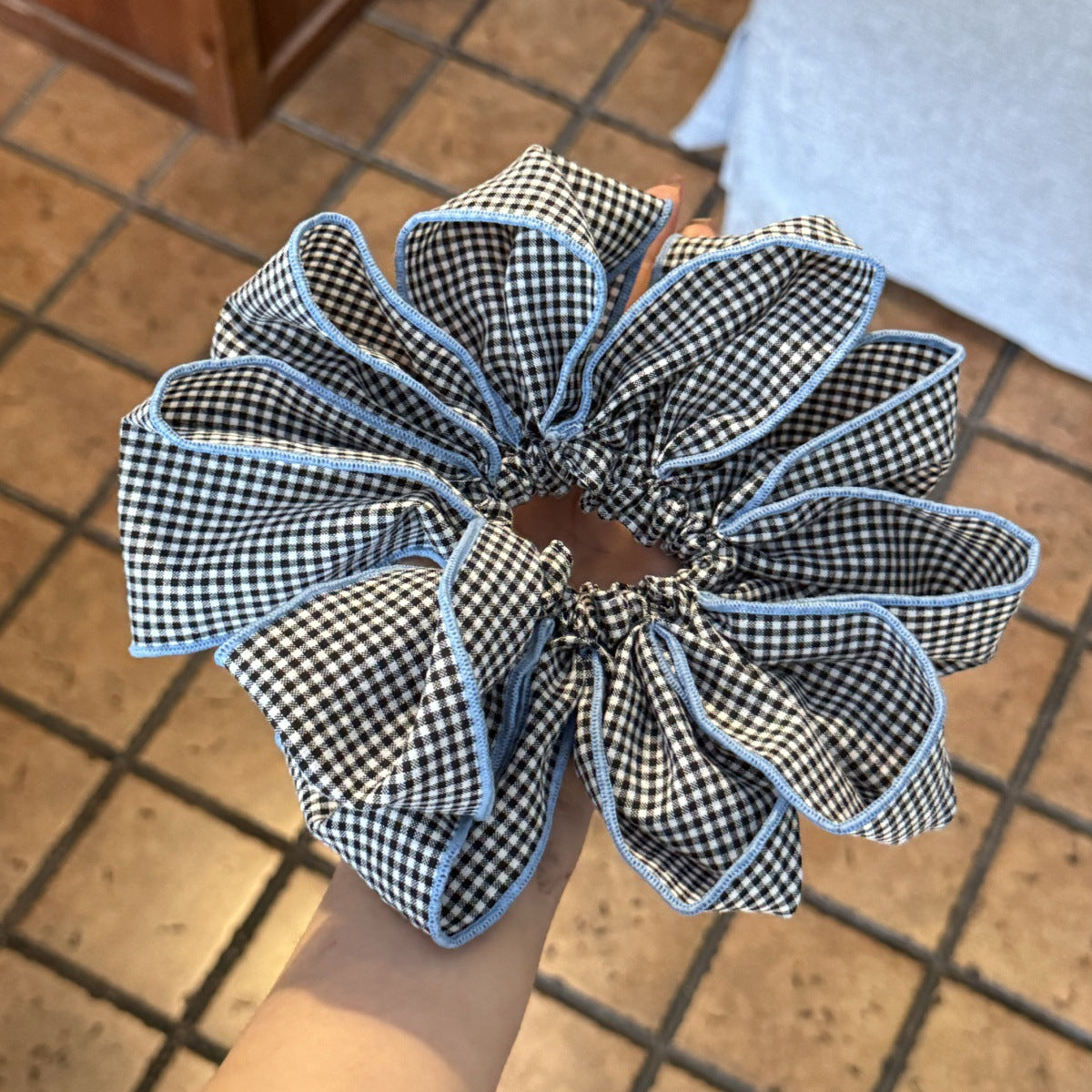 Korean Blue-Trim Plaid Scrunchie