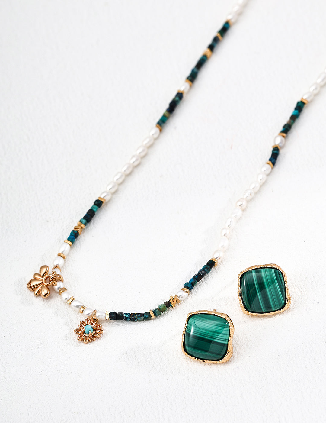 Pearl malachite turquoise necklace in S925 silver, authentic natural gemstone jewelry, unique handcrafted gift for her