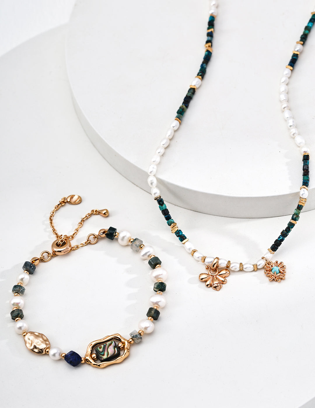 Trendy S925 silver pearl necklace with malachite and turquoise, bohemian chic gemstone jewelry for everyday wear