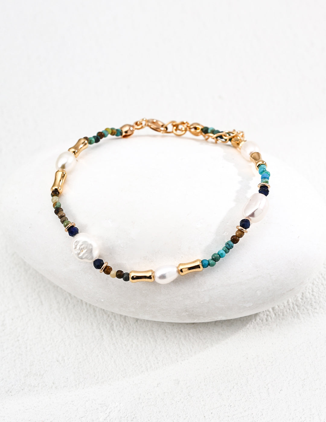 Trendy S925 silver pearl bracelet with lapis lazuli and turquoise, bohemian chic gemstone jewelry for everyday wear