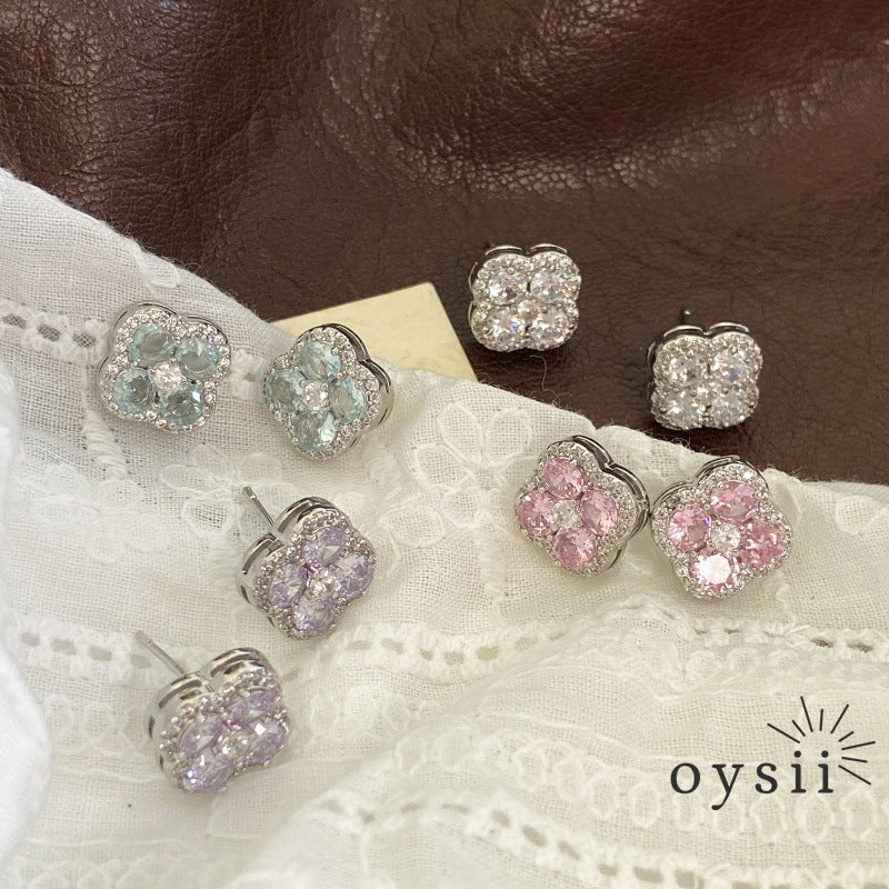 Mint Whimsy – Micro-Pavé Four-Leaf Flower Earrings