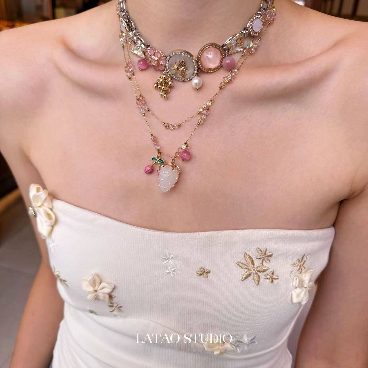 Pink Strawberry Layered Necklace
