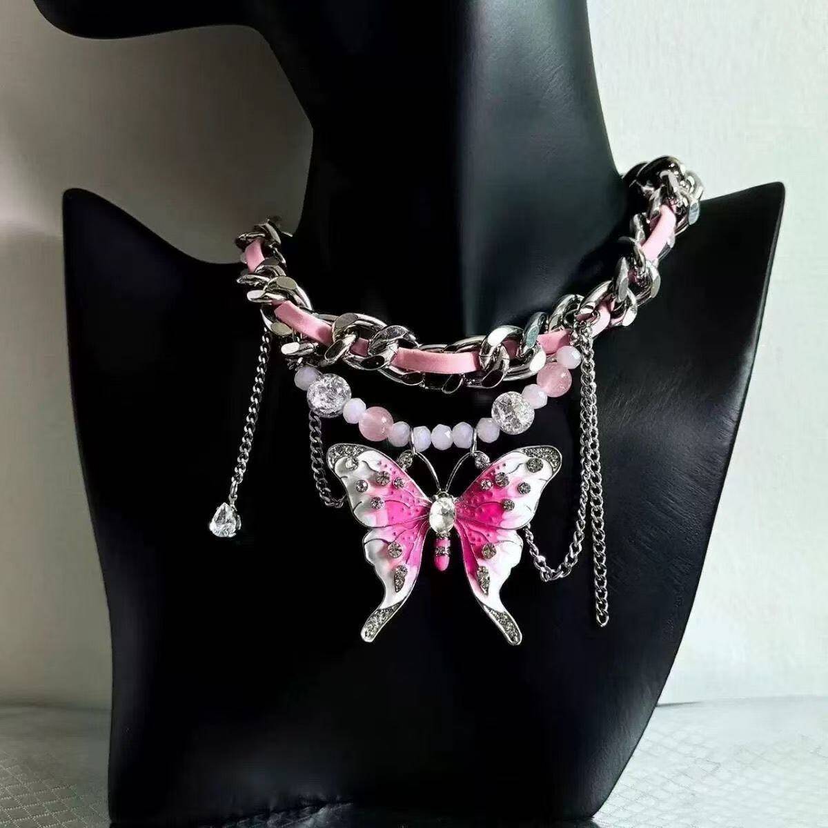 Pink Butterfly Leather Necklace