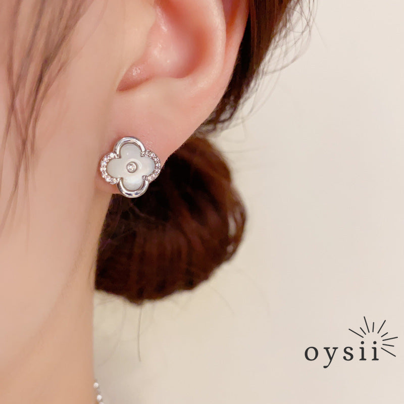 Spring Clover — Zircon & Mother-of-Pearl Flower Stud Earrings