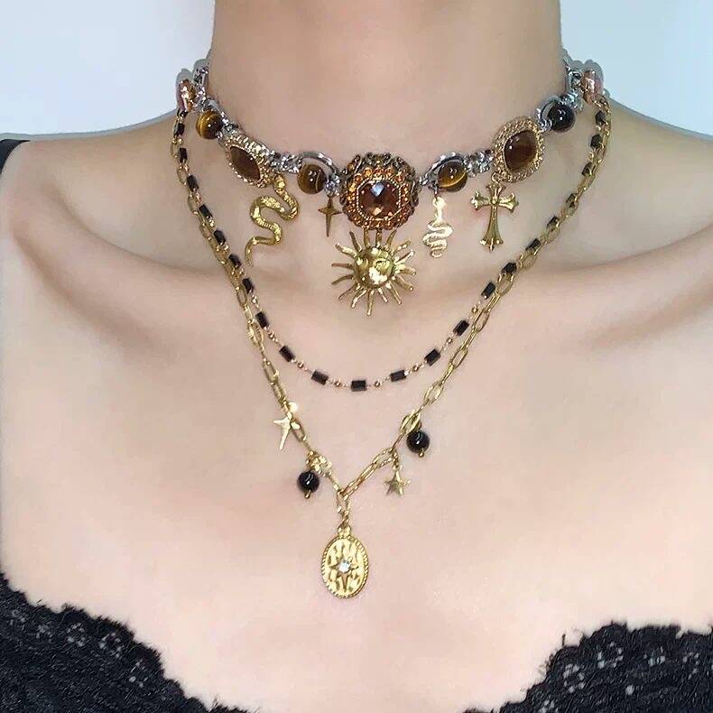 Black & Gold Sun Layered Necklace