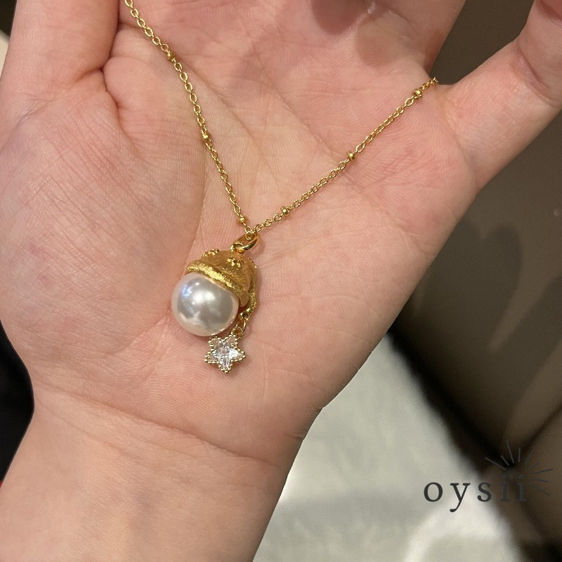 Starlit Noel — French Vintage Brushed Pearl Christmas Hat Necklace