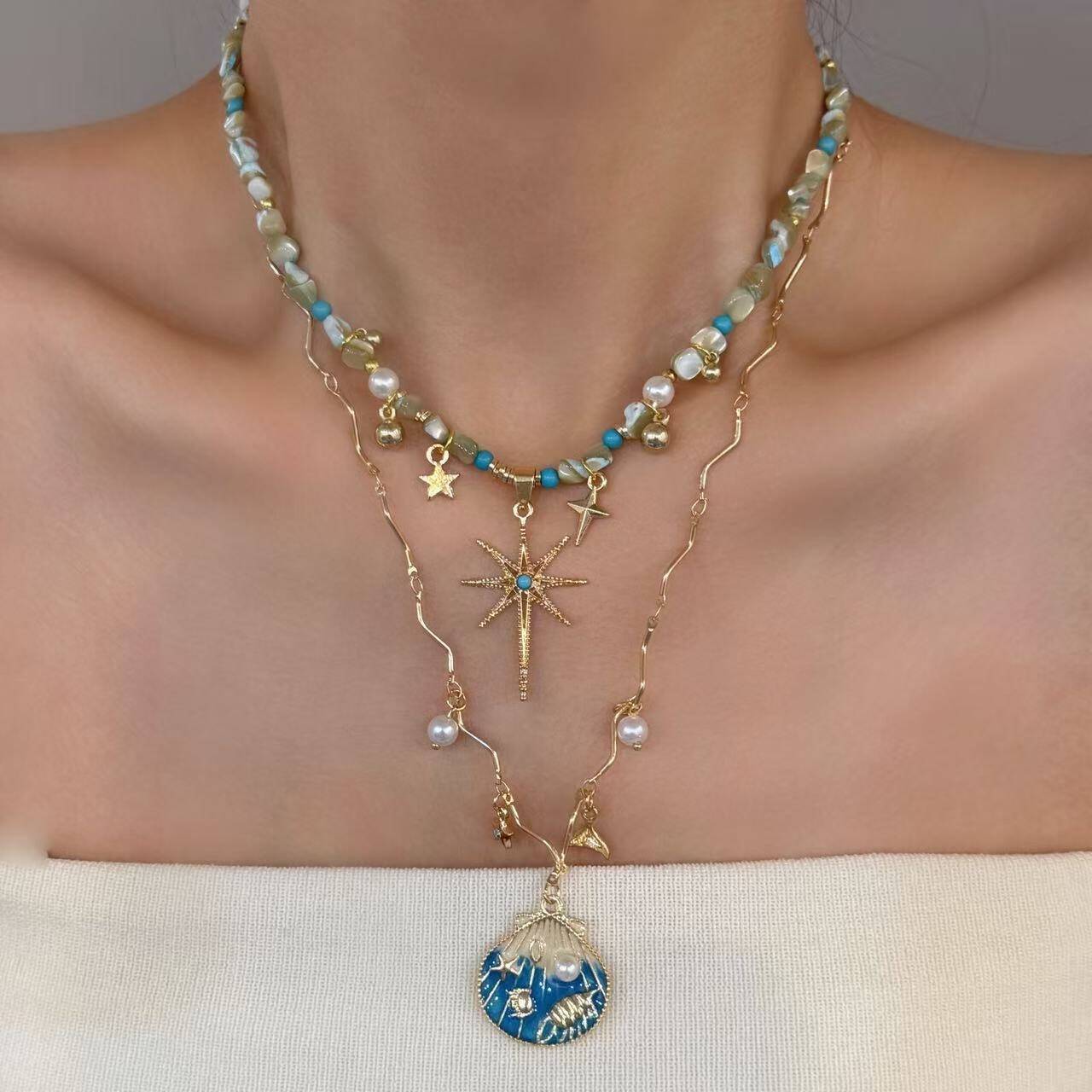 Blue Shell Beaded Necklace