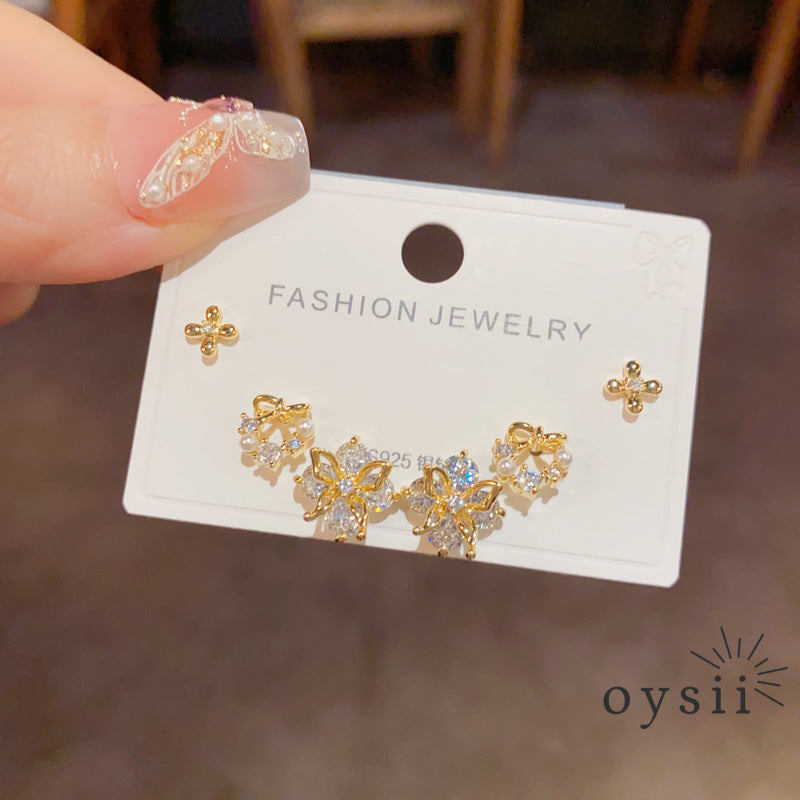 Petal Trio — Full Diamond Flower Stud Earrings Set