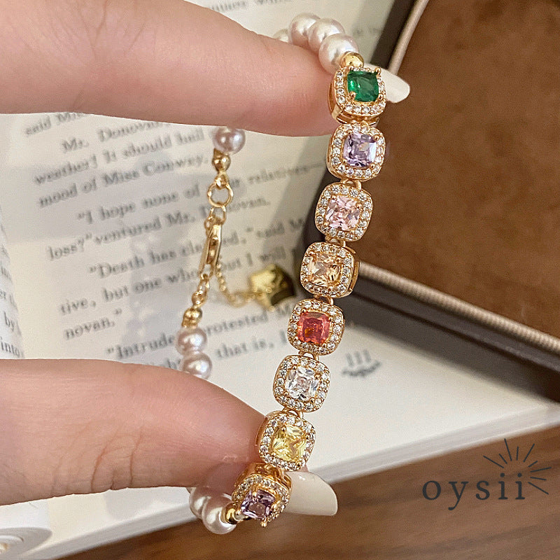 Candy Gleam – Colorful Square Zircon & Manta Pearl Bracelet