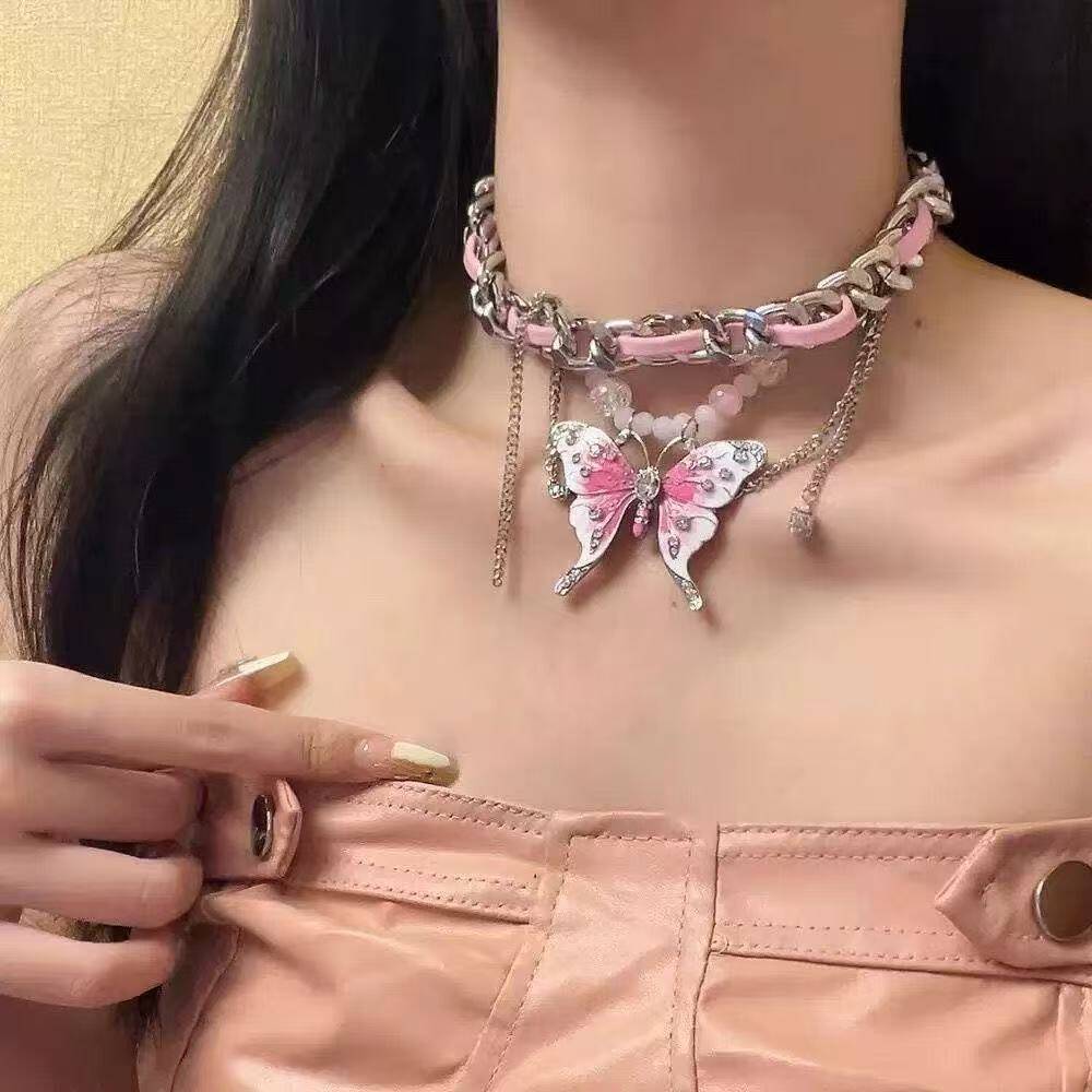 Pink Butterfly Leather Necklace