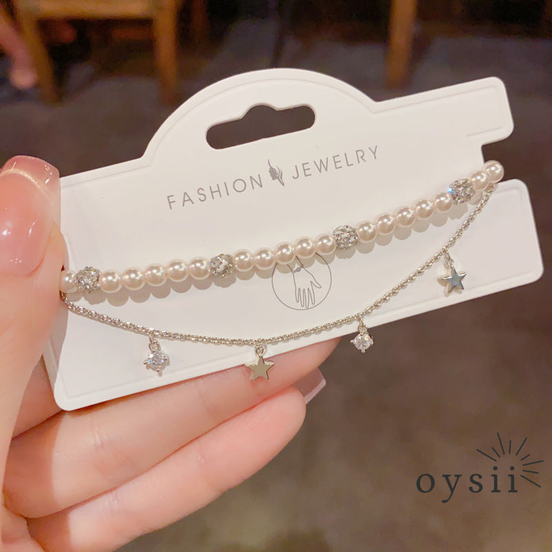 Starlit Grace — Double-Layer Pearl & Star Chain Bracelet