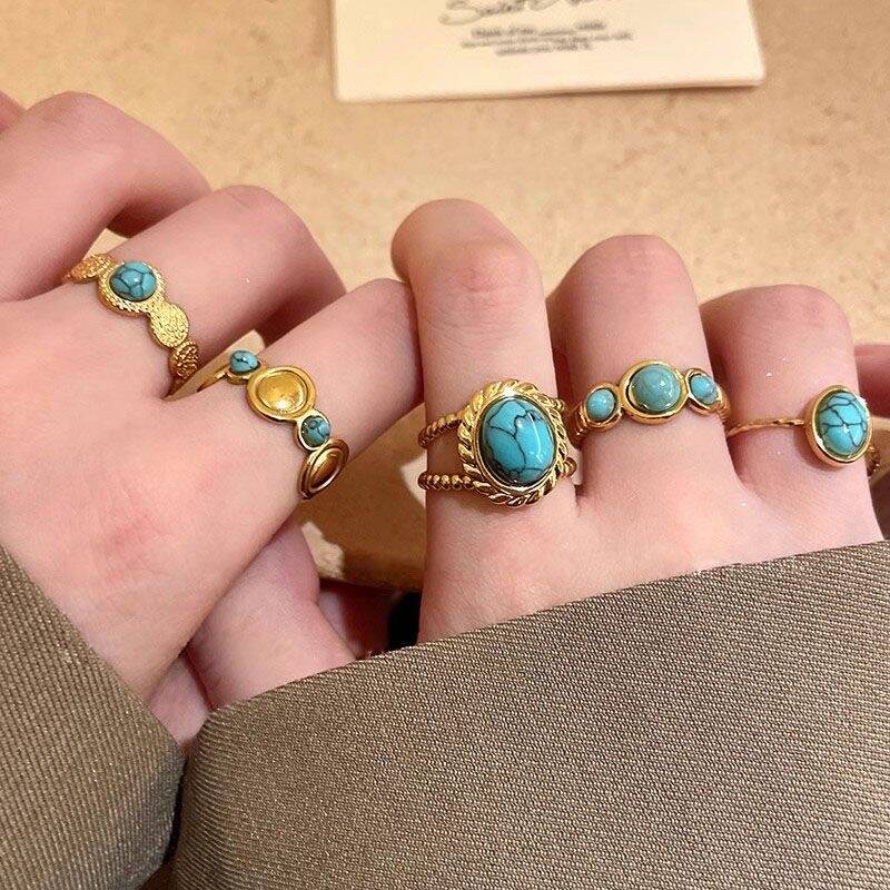 Gold Green Stone Open Ring Set