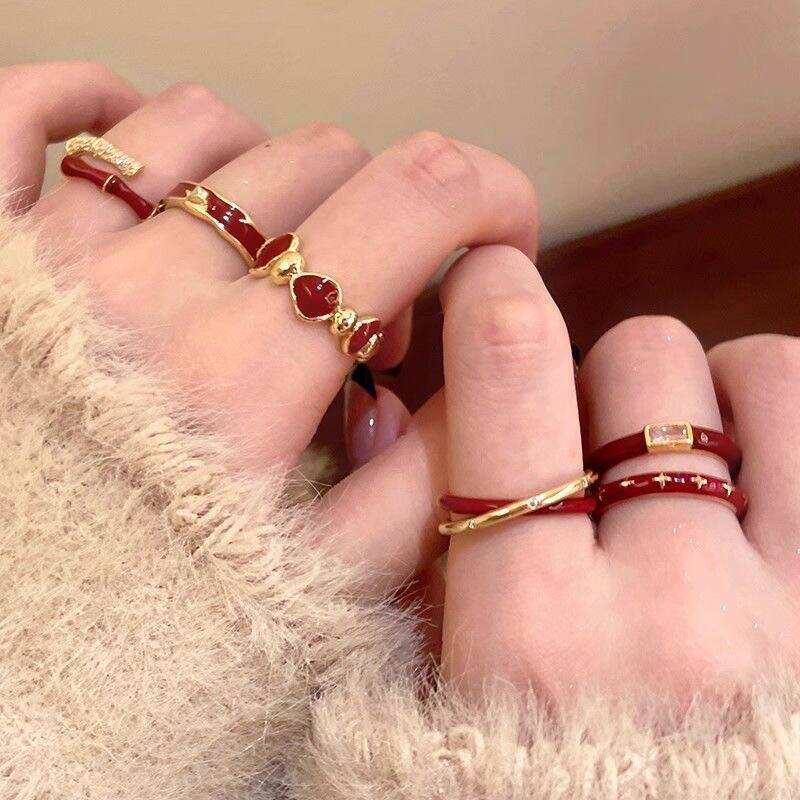 Red Enamel Ring Set