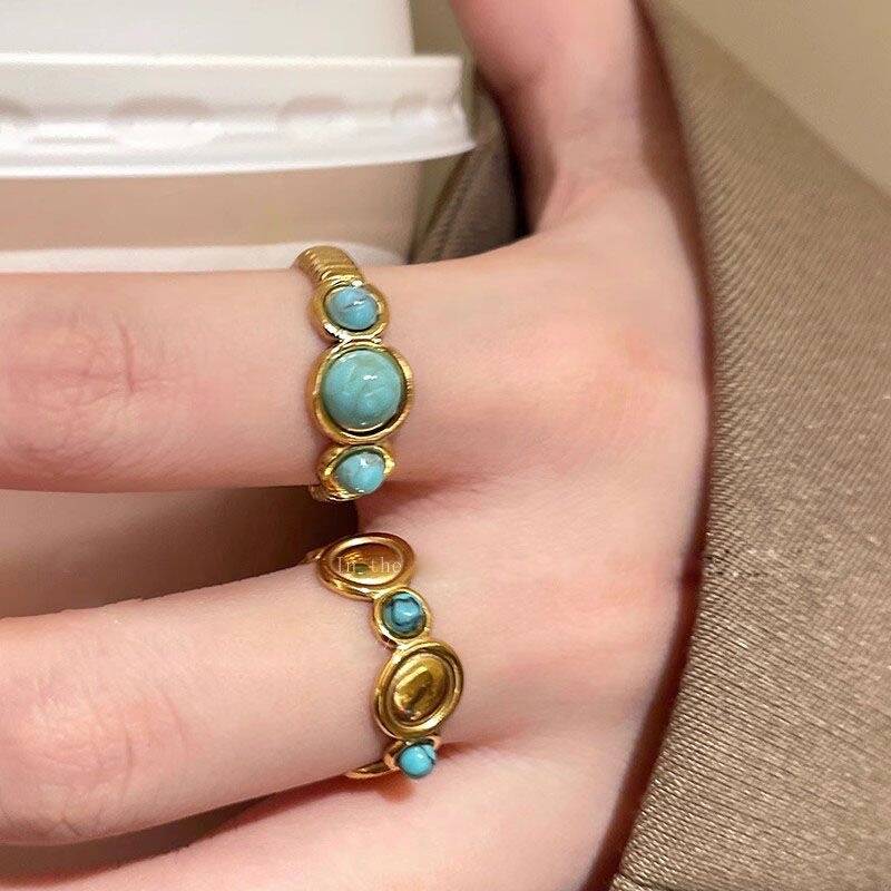 Gold Green Stone Open Ring Set