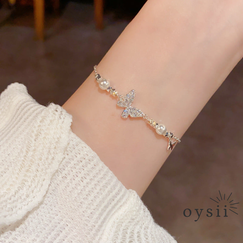 Butterfly Luster — Silver & Zircon Pearl Bracelet