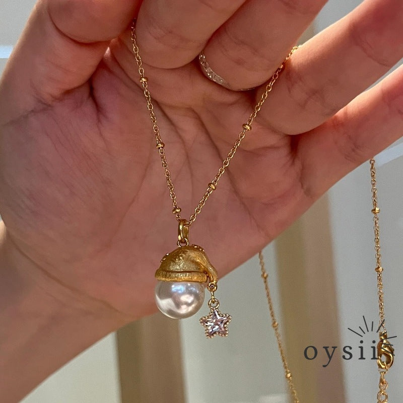 Starlit Noel — French Vintage Brushed Pearl Christmas Hat Necklace