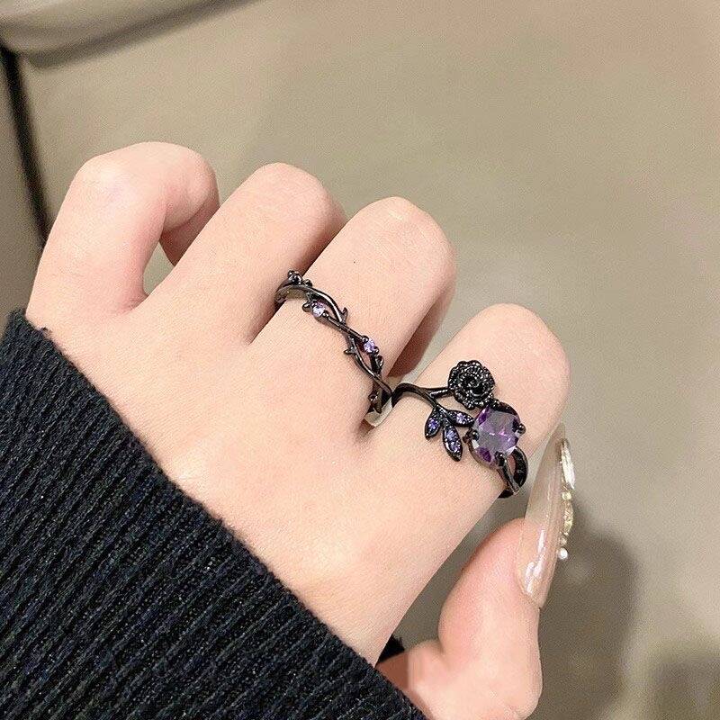 Purple Crystal Rose Ring Set