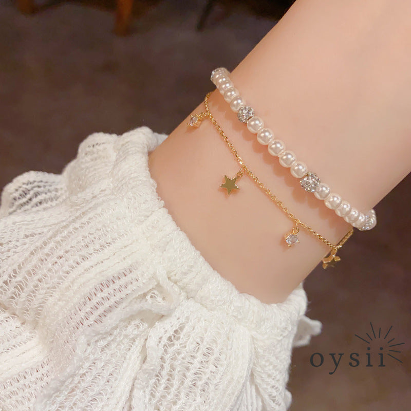 Starlit Grace — Double-Layer Pearl & Star Chain Bracelet