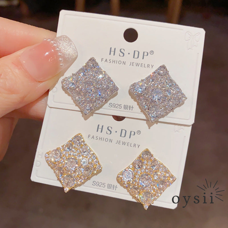 Diamond Whisper — Pavé Zircon Rhombus Stud Earrings