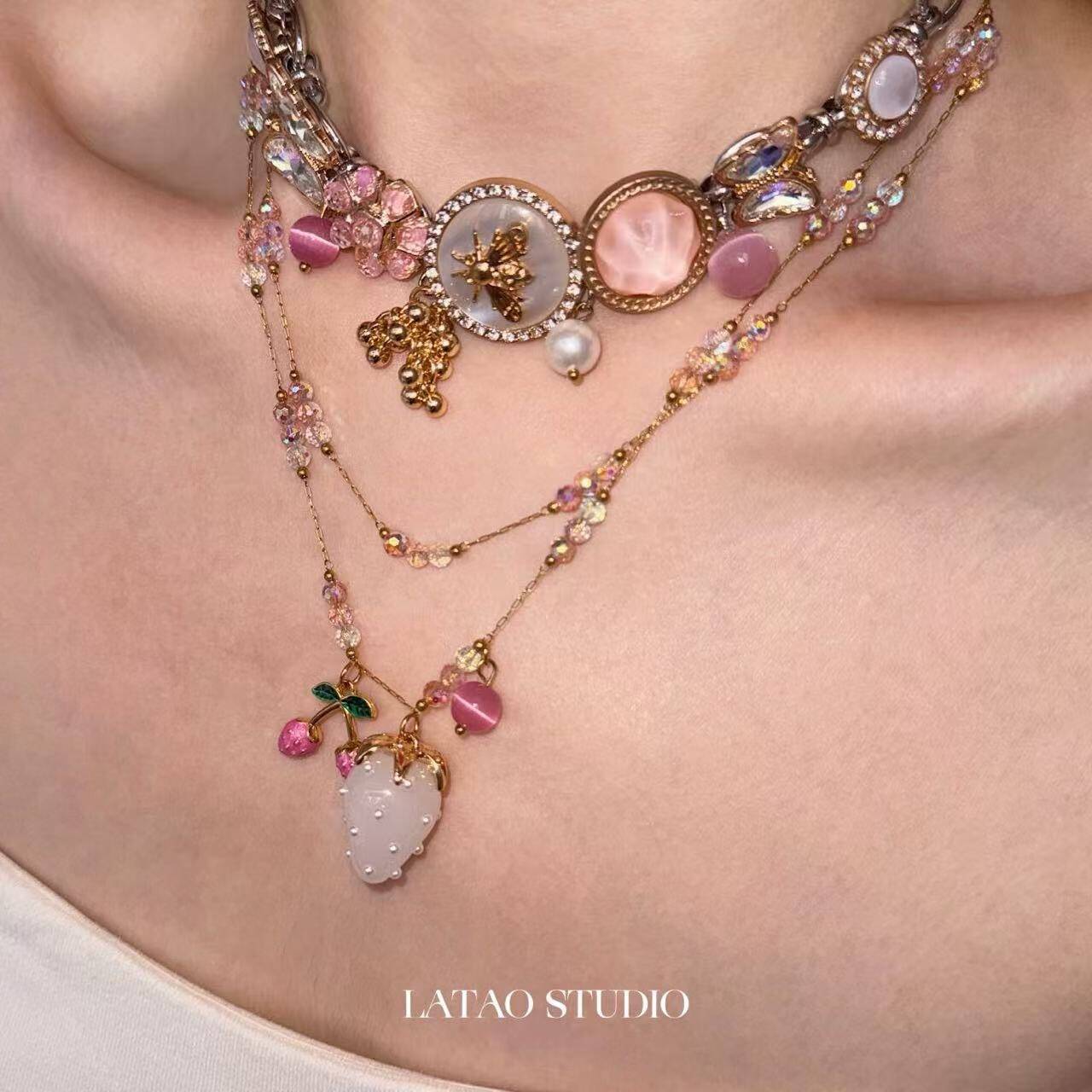Pink Strawberry Layered Necklace