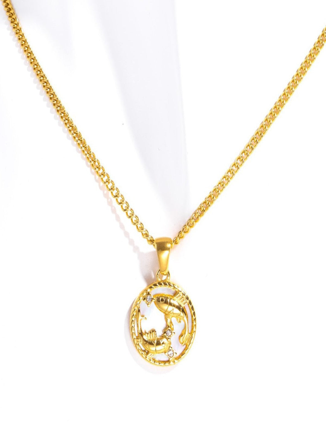 Pisces constellation pendant in elegant gold-tone finish, dreamy zodiac charm for intuitive Pisces souls.