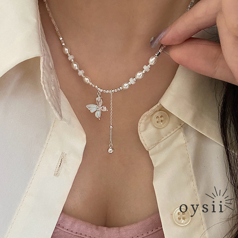 Butterfly Whisper – Pearl Tassel Pendant Necklace