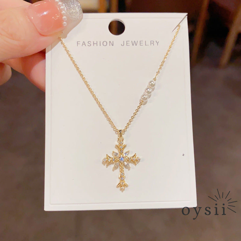 Moonlit Prayer — Micro Zircon & Pearl Cross Necklace