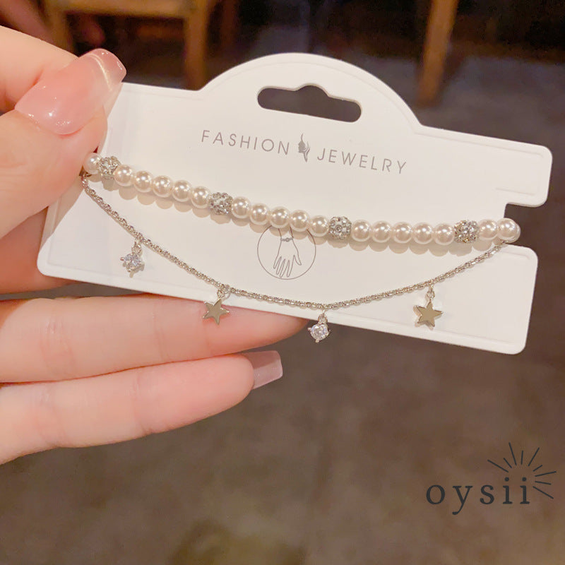 Starlit Grace — Double-Layer Pearl & Star Chain Bracelet