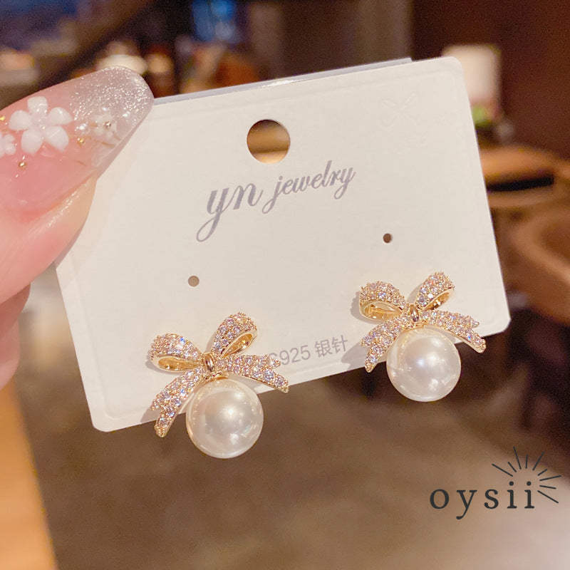 Pearl Ribbon — Micro Zircon Bow Stud Earrings