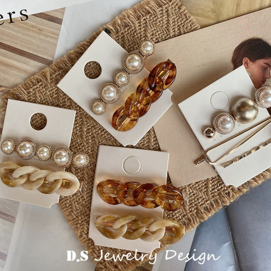 Amber Ivory Pearl Chain Hair Clip Set