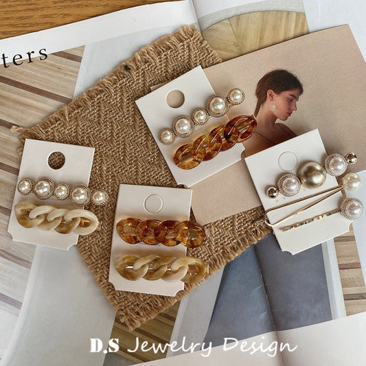 Amber Ivory Pearl Chain Hair Clip Set